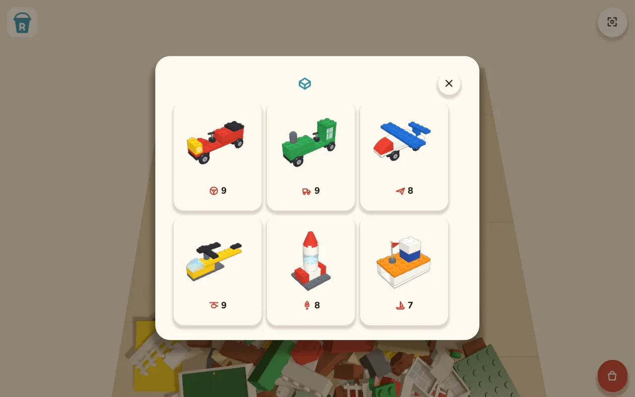 Six models to choose from: a racer, a tractor, a plane, a helicopter, a rocket and a boat.